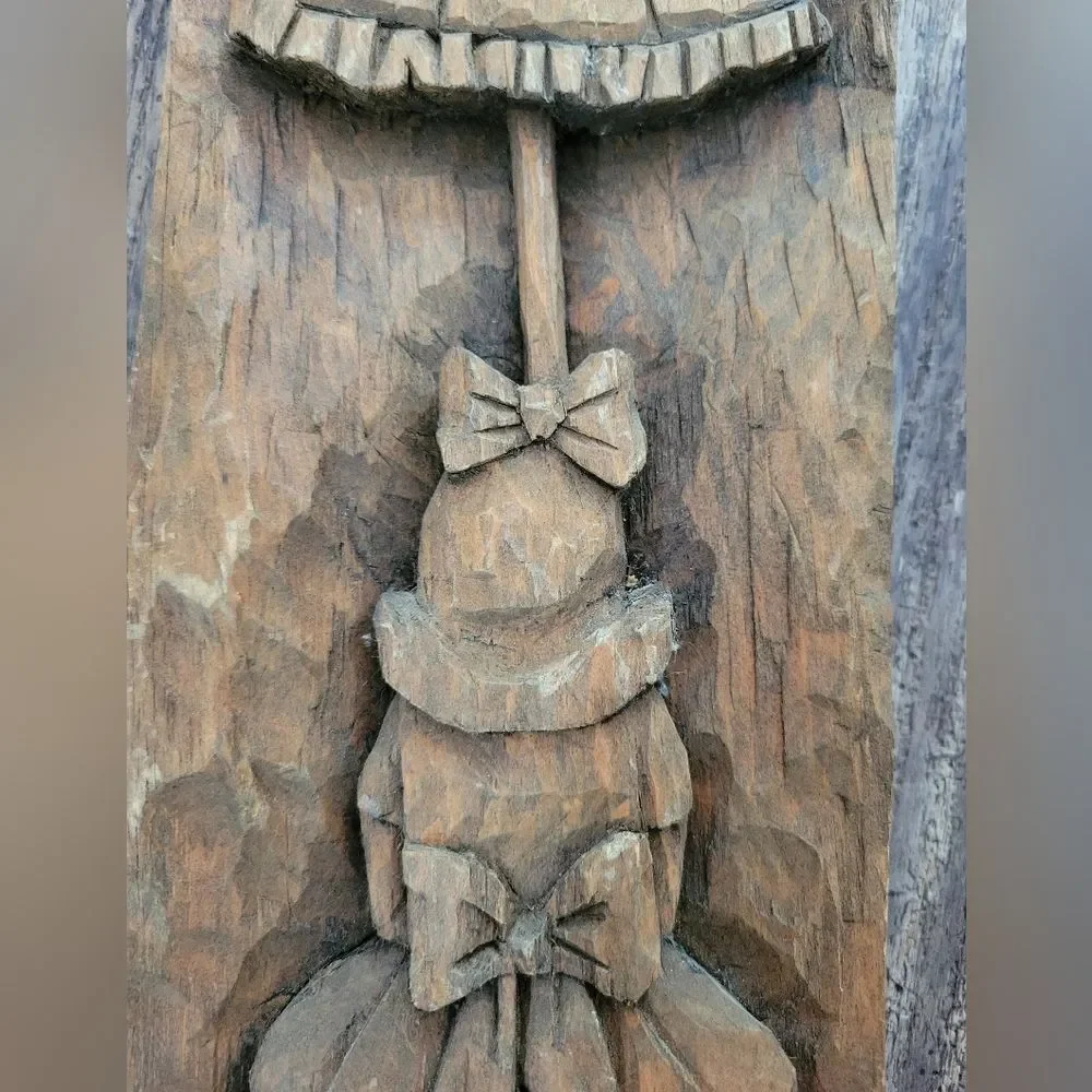 Vintage Hand Carved Girl With Umbrella Wood Wall Hanging
